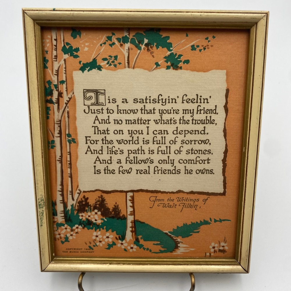 Vintage 1938 Walt Filkin Friendship Poem Framed Print The Buzza Company Gold 6x7